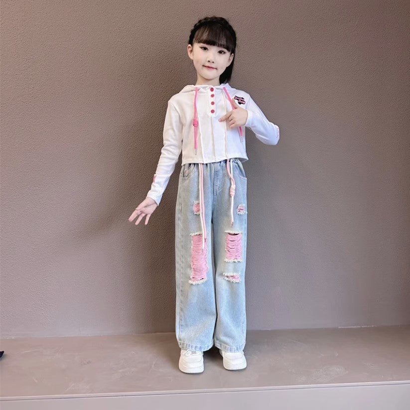 RM171223-31 طقم بناتي قطعتين (بلوزة قطنية + بنطلون جينز ناعم)